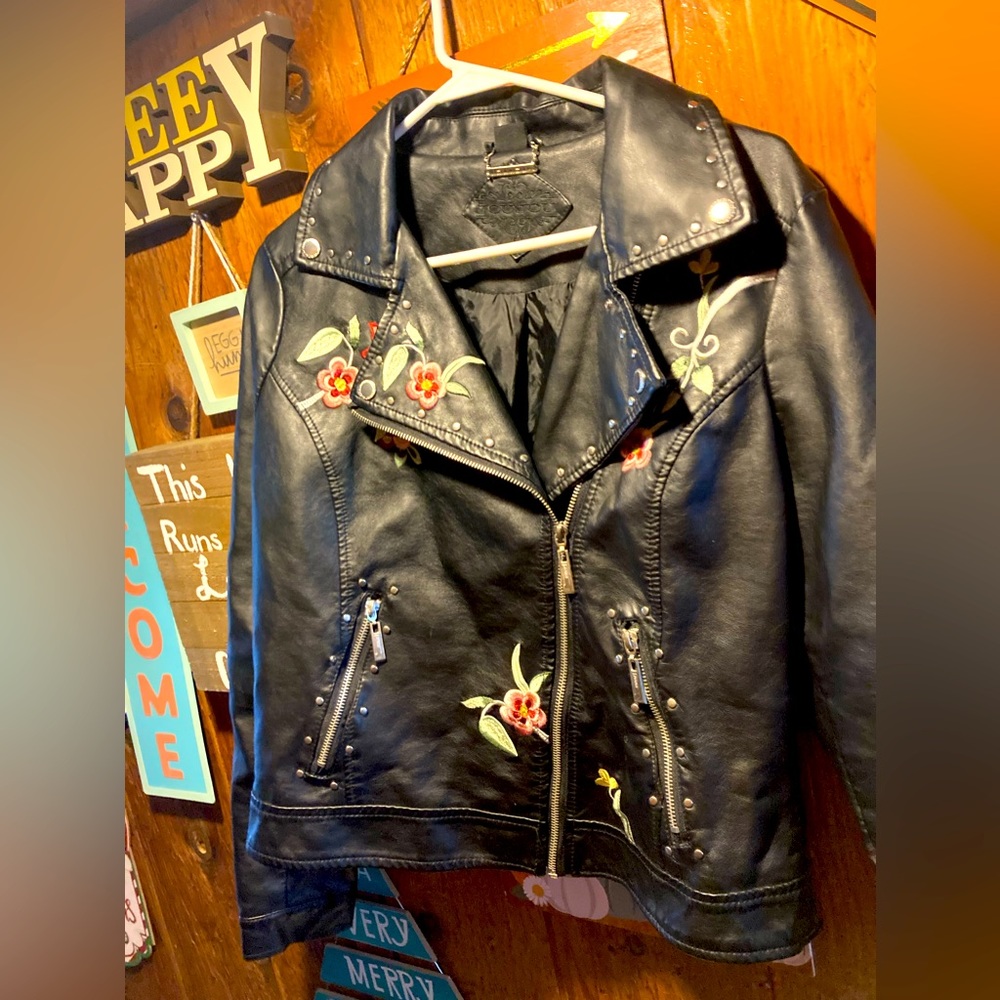 Black Leather Jacket with Floral Embroidery
